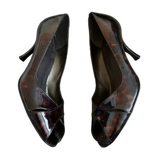 Stuart Weitzman Women's Tortoise Print Patent Leather Heel 8 Peep Toe Stiletto